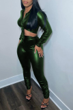 Green Sexy Solid Split Joint Turndown Collar Long Sleeve Two Pieces