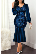 Blue Sexy Solid Patchwork Flounce V Neck Long Sleeve Dresses