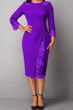 Purple Elegant Solid Embroidered Hollowed Out Patchwork O Neck Straight Dresses