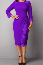 Purple Elegant Solid Embroidered Hollowed Out Split Joint O Neck Straight Dresses