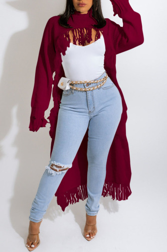 Burgundy Casual Solid Tassel Patchwork Asymmetrical Half A Turtleneck Tops