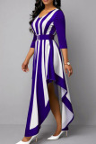 Blue Casual Striped Print Patchwork Asymmetrical V Neck Long Sleeve Dresses