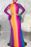 Multicolor Casual Elegant Print Split Joint Turtleneck Long Sleeve Dresses