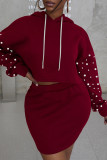 Burgundy Fashion Casual Solid Beading Hooded Collar Long Sleeve Two Pieces