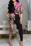 Red Black Casual Print Patchwork Turndown Collar Long Sleeve Two Pieces