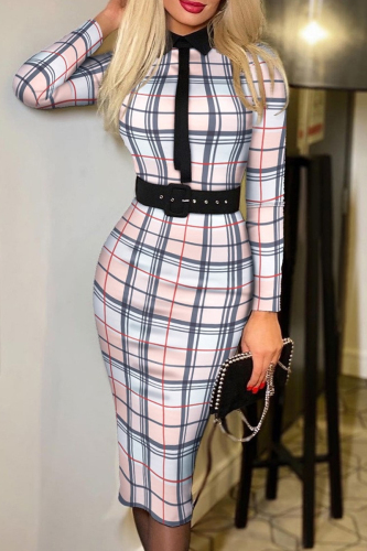 Pink Fashion Casual Print Patchwork With Belt Turndown Collar Long Sleeve Dresses