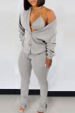 Light Gray Casual Solid Patchwork Buckle Slit V Neck Long Sleeve Two Pieces