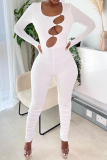 Cream White Sexy Solid Hollowed Out O Neck Skinny Jumpsuits