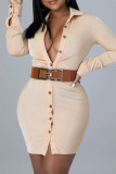 Apricot Fashion Casual Solid Buckle V Neck Long Sleeve Dresses