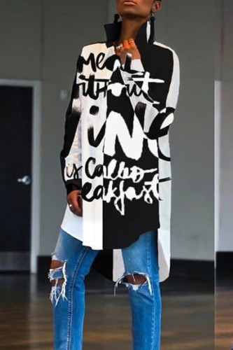 Multi-color Turndown Collar Long Sleeve Patchwork asymmetrical Letter Blouses & Shirts