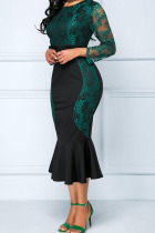 Green Sexy Solid Embroidered Hollowed Out Patchwork O Neck Trumpet Mermaid Dresses