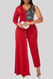 Red Fashion Casual Patchwork Sequins V Neck Plus Size Jumpsuits