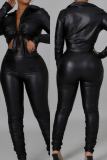 Black Sexy Solid Split Joint Turndown Collar Long Sleeve Two Pieces