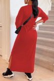 Red Casual Solid Split Joint O Neck Long Sleeve Dresses