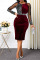 Burgundy Sexy Solid Patchwork See-through O Neck One Step Skirt Dresses