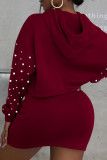 Burgundy Fashion Casual Solid Beading Hooded Collar Long Sleeve Two Pieces