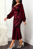 Burgundy Sexy Solid Patchwork Flounce V Neck Long Sleeve Dresses
