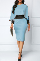 Blue Casual Elegant Solid Split Joint Asymmetrical O Neck Pencil Skirt Dresses