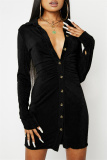 Black Fashion Casual Solid Buckle V Neck Long Sleeve Dresses