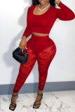 Red Sexy Solid Hollowed Out Patchwork See-through U Neck Long Sleeve Two Pieces