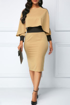 Khaki Casual Elegant Solid Split Joint Asymmetrical O Neck Pencil Skirt Dresses