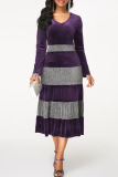 Purple Casual Solid Patchwork Flounce V Neck Long Sleeve Dresses