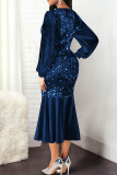Blue Sexy Solid Patchwork Flounce V Neck Long Sleeve Dresses
