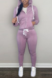Purple Fashion Casual Solid Zipper Hooded Collar Long Sleeve Two Pieces