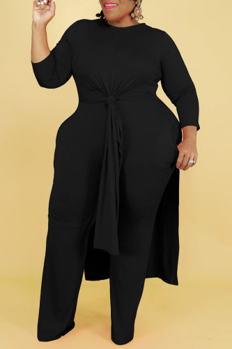 Black Casual Solid Patchwork Slit O Neck Long Sleeve Two Pieces