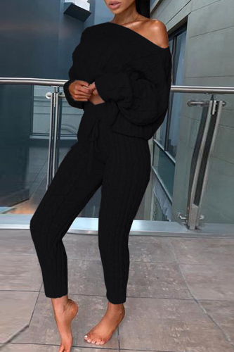 Black Fashion Casual Solid Basic O Neck Long Sleeve Two Pieces