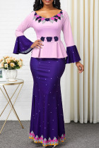 Purple Casual Elegant Print Patchwork Off the Shoulder Straight Dresses