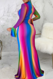 Multicolor Casual Elegant Print Split Joint Turtleneck Long Sleeve Dresses