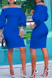 Deep Blue Fashion Casual Solid Backless Off the Shoulder Long Sleeve Dresses