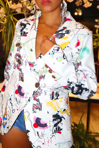 White Casual Print Patchwork Turndown Collar Outerwear
