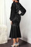 Black Sexy Solid Patchwork Flounce V Neck Long Sleeve Dresses
