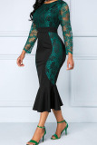 Green Sexy Solid Embroidered Hollowed Out Patchwork O Neck Trumpet Mermaid Dresses