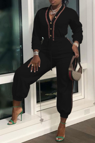 Black Casual Solid Draw String V Neck Harlan Jumpsuits