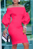 Rose Red Fashion Casual Solid Backless Off the Shoulder Long Sleeve Dresses