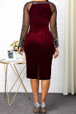 Burgundy Sexy Solid Patchwork See-through O Neck One Step Skirt Dresses