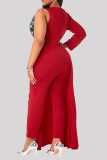 Red Fashion Casual Patchwork Sequins V Neck Plus Size Jumpsuits