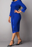 Blue Elegant Solid Embroidered Hollowed Out Patchwork O Neck Straight Dresses