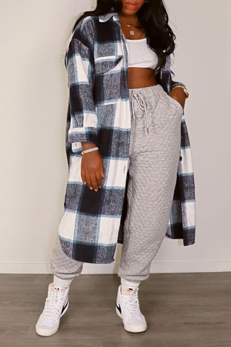 Black White Casual Plaid Patchwork Turndown Collar Outerwear