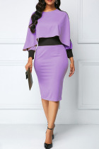 Purple Casual Elegant Solid Patchwork Asymmetrical O Neck Pencil Skirt Dresses
