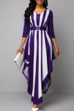 Red Casual Striped Print Patchwork Asymmetrical V Neck Long Sleeve Dresses