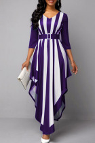 Purple Casual Striped Print Split Joint Asymmetrical V Neck Long Sleeve Dresses