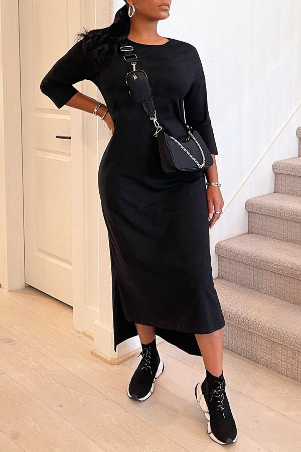 Black Casual Solid Split Joint O Neck Long Sleeve Dresses