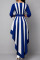 Blue Casual Striped Print Split Joint Asymmetrical V Neck Long Sleeve Dresses