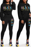 Black Fashion Casual Letter Print Basic O Neck Long Sleeve Two Pieces