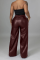 Burgundy Casual Solid Split Joint Straight Mid Waist Wide Leg Solid Color Bottoms