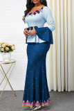Blue Casual Elegant Print Patchwork Off the Shoulder Straight Dresses